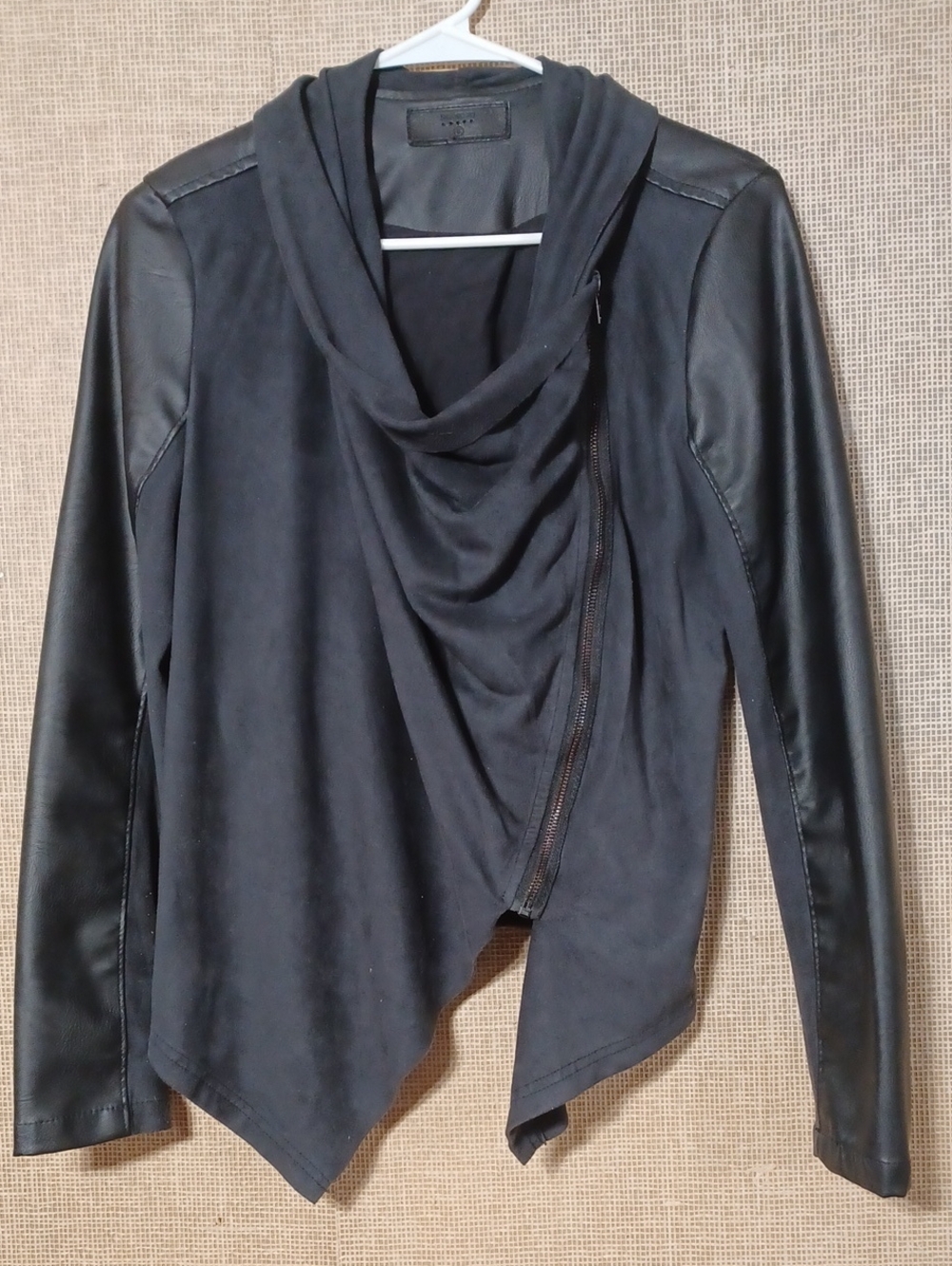 Blank NYC Black Draped Hooded Leather-Sleeve Jacket